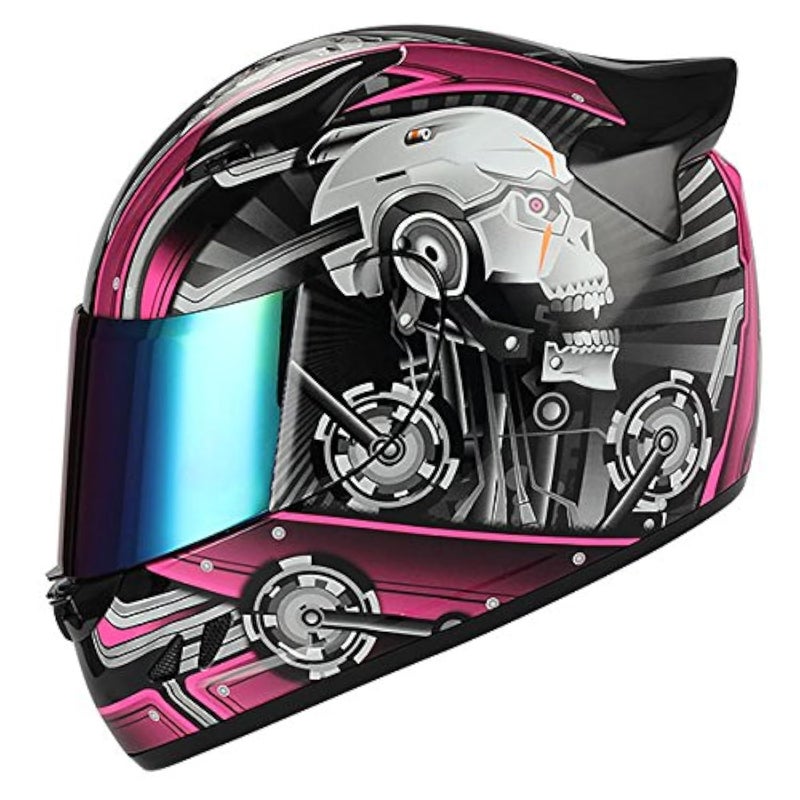 1Storm Motorcycle Bike Full FACE Helmet Mechanic Skull - Tinted Visor Pink - Image 1